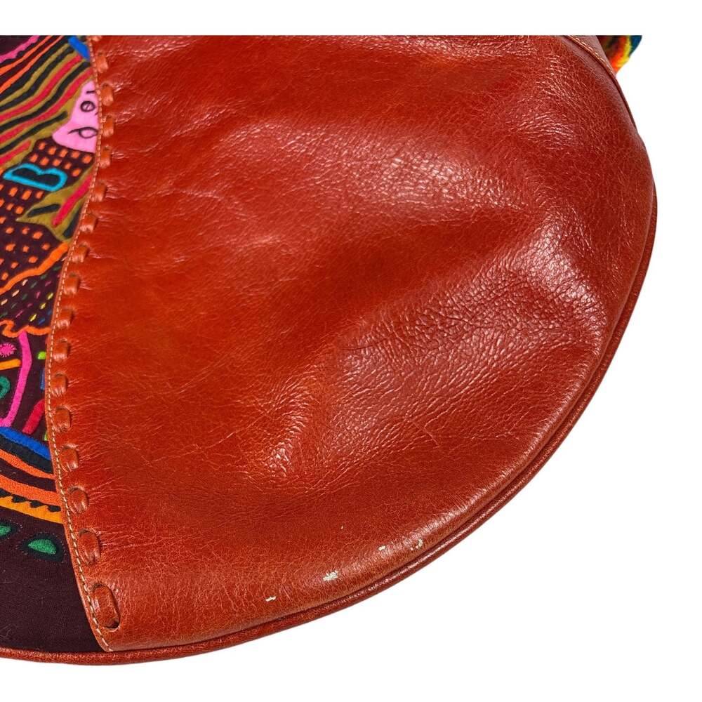 Handmade Artisan Mola and Brown Leather Crescent Shoulder Bag Multicolor Strap - Picture 6 of 7